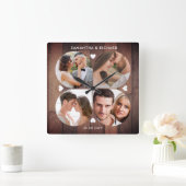  Rustic Wood 4 Foto Collage Wedding Jubileum Vierkante Klok (Huis)