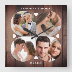 Rustic Wood 4 Foto Collage Wedding Jubileum Vierkante Klok