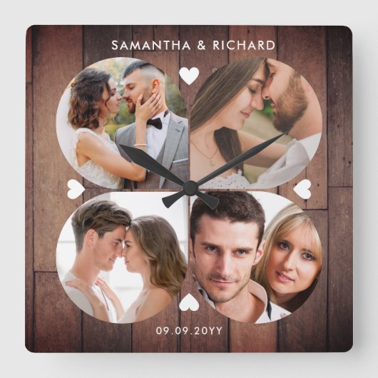  Rustic Wood 4 Foto Collage Wedding Jubileum Vierkante Klok (Voorkant)