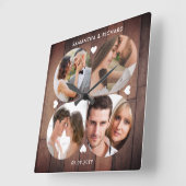  Rustic Wood 4 Foto Collage Wedding Jubileum Vierkante Klok (Hoek)