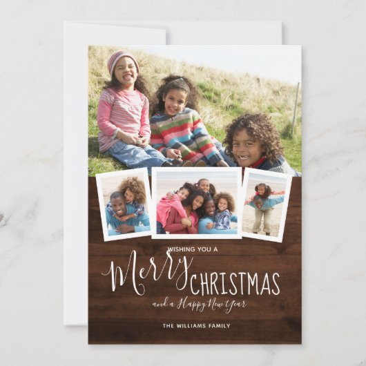 Rustic Wood 4 Fotocollage kerst Feestdagenkaart (Voorkant)