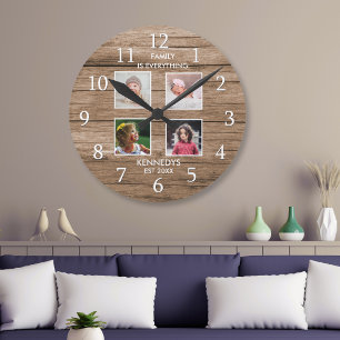 Rustic Wood 4 Photo Collage Familienaam Quote Ronde Klok