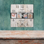 Rustic Wood 4 Quote voor fotocollage Vierkante Klok<br><div class="desc">Rustige houten wandklok op maat van vier foto's.De persoonlijke gezinsklok maakt het een perfect cadeau voor alle gelegenheden. Personaliseer met familienaam en vastgestelde datum. Het citaat "Familie is Alles" voegt een unieke aanraking aan de klok van de fotomuur toe.</div>