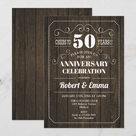 Rustic Wood 50ste bruiloft Jubileum Party Kaart (Voorkant / Achterkant)