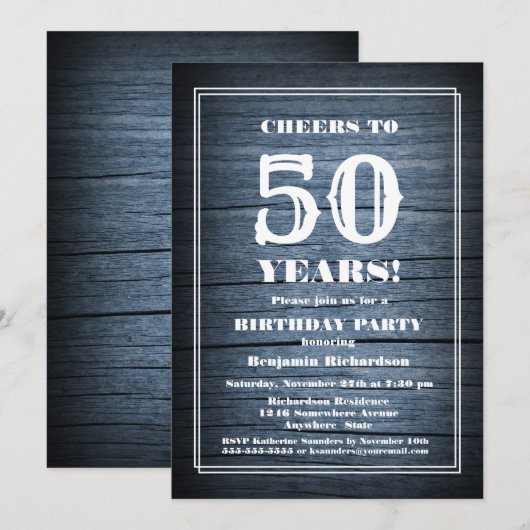 Rustic Wood 50th Birthday Party Kaart (Voorkant / Achterkant)