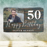 Rustic Wood 50th Birthday Party Photo Banner<br><div class="desc">Rustic Wood 50th Birthday Party Photo Banner. Het grote teken voor de 50e verjaardag partij met een douanefoto en een tekst in trendy wit manuscript met een naam. De achtergrond is een donkere houtextuur. Pas het teken aan met uw foto,  jouw naam en leeftijdsnummer.</div>