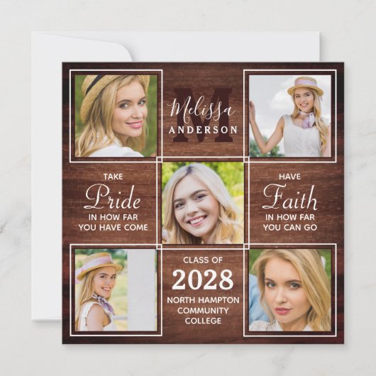 Rustic Wood 5 Fotocollage Afstuderen Aankondiging (Voorkant)