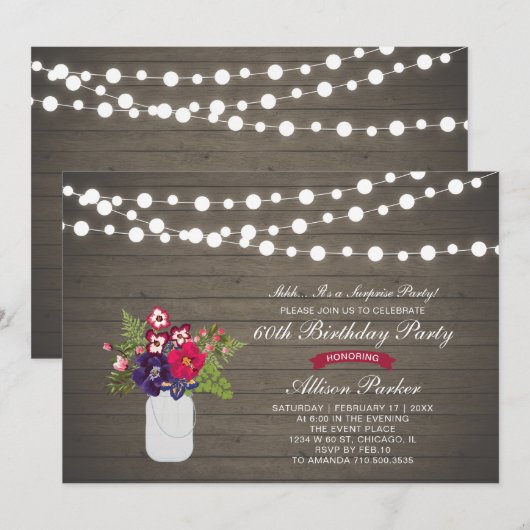 Rustic Wood 60th Surprise Birthday Party Kaart (Voorkant / Achterkant)