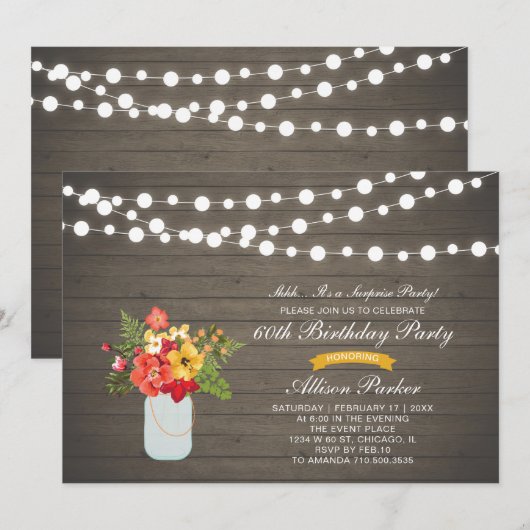 Rustic Wood 60th Surprise Birthday Party Kaart (Voorkant / Achterkant)