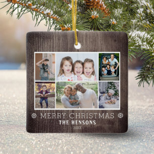 Rustic Wood 6 Foto Collage kerstfamilie Keramisch Ornament