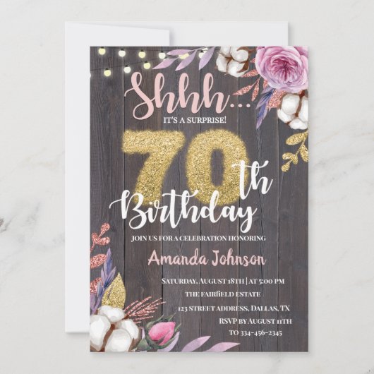Rustic Wood 70th Surprise Birthday Invitation Kaart (Voorkant)