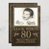 Rustic Wood 80th Birthday Foto Kaart (Voorkant / Achterkant)