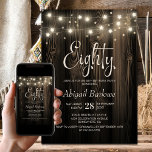 Rustic Wood 80th Birthday Party Kaart<br><div class="desc">Verhoog de viering van de mijlpaal van uw eregast met deze rustieke houten 80e verjaardagsfeestuitnodiging. Stijlvol modern, het zet de perfecte toon voor een onvergetelijke avond. Het personaliseren van de uitnodigingen is een eitje, vul gewoon de belangrijkste gegevens in met behulp van de meegeleverde tekst sjablonen. U kunt kiezen uit...</div>