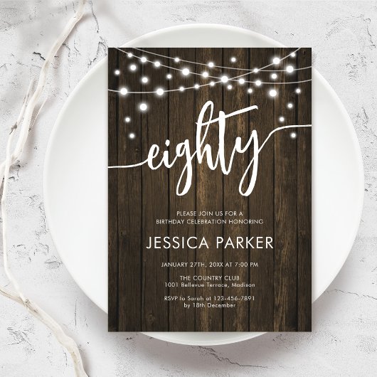 Rustic Wood 80th Birthday Party Kaart