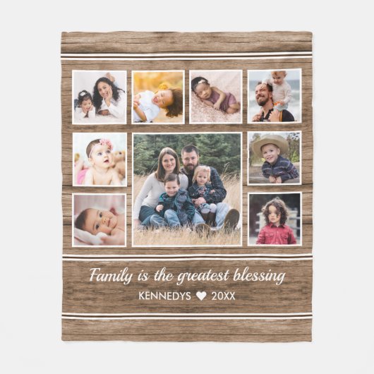 Rustic Wood 9 Foto Collage Quote Familienaam Fleece Deken (Voorkant)