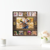 Rustic Wood 9 Foto Collage Quote Gold-nummers Vierkante Klok (Huis)