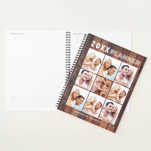 Rustic Wood 9 Fotocollage Naam 2024 Gepersonalisee Planner (Display)