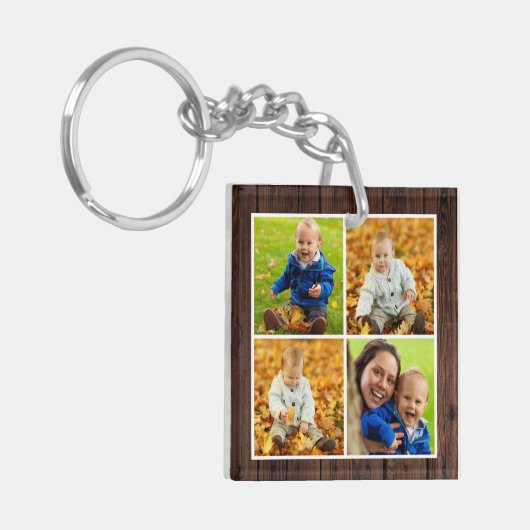 Rustic Wood Aangepast monogram Foto Collage Sleutelhanger (Voorkant Links)