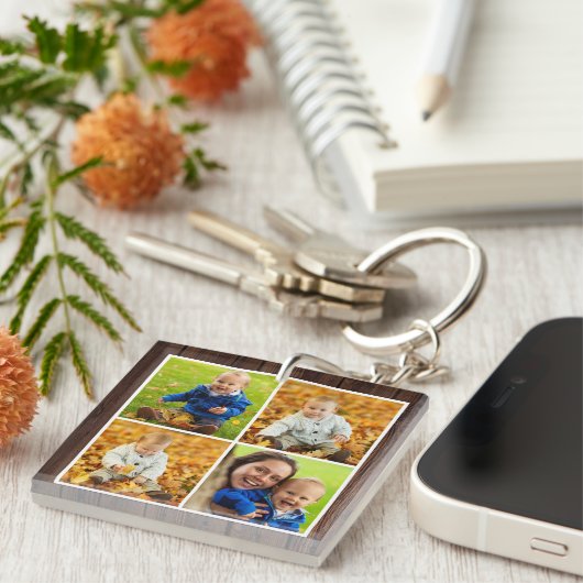 Rustic Wood Aangepast monogram Foto Collage Sleutelhanger (Voorkant Rechts)