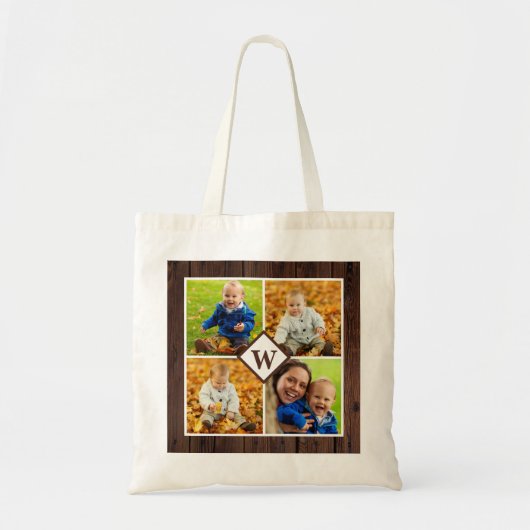 Rustic Wood Aangepast monogram Foto Collage Tote Bag (Voorkant)