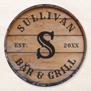 Rustic Wood Aangepaste familie Naam Monogram Initi Ronde Kartonnen Onderzetter