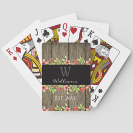 Rustic Wood and Floral Family Name Monogramed Pokerkaarten
