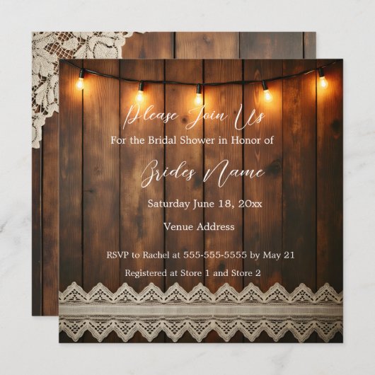 Rustic Wood and Lace Bridal Shower Invitation Kaart (Voorkant / Achterkant)