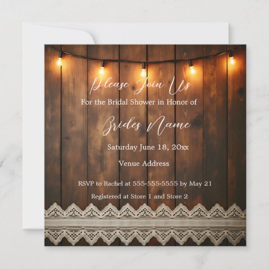 Rustic Wood and Lace Bridal Shower Invitation Kaart (Voorkant)