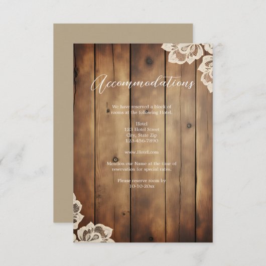 Rustic Wood and Lace Wedding Accommodation Informatiekaartje (Voorkant / Achterkant)