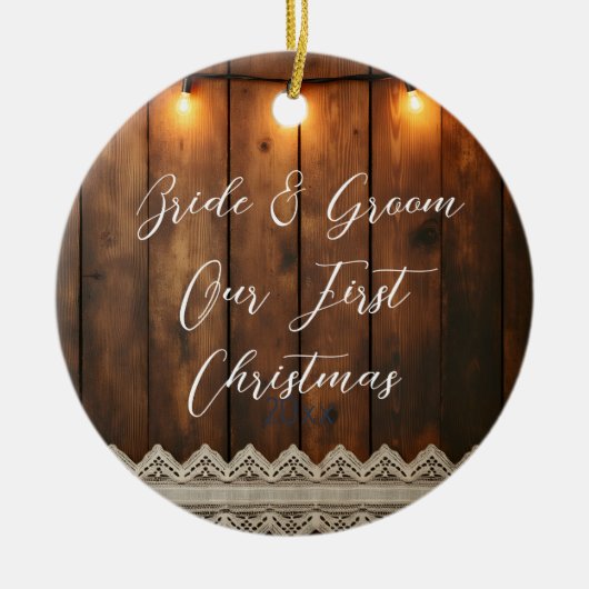 Rustic Wood and Lace Wedding First Christmas Keramisch Ornament (Voorkant)