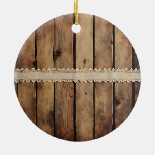 Rustic Wood and Lace Wedding First Christmas Keramisch Ornament (Achterkant)