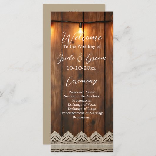Rustic Wood and Lace Wedding Program Programmakaart (Voorkant / Achterkant)