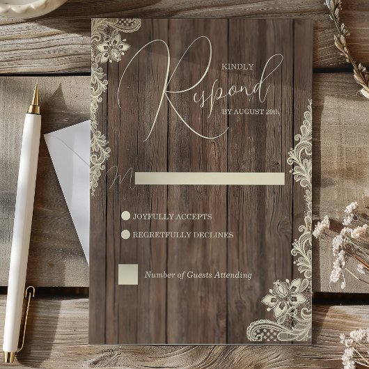 Rustic Wood and Lace Wedding Response Card RSVP Kaartje