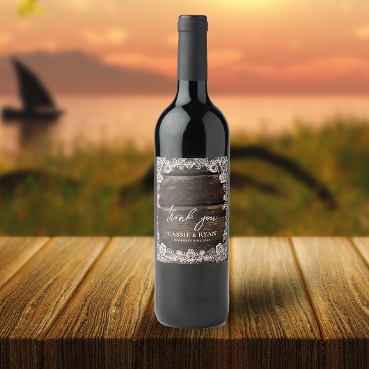 Rustic Wood and Lace Wedding Thank You Wijn Etiket