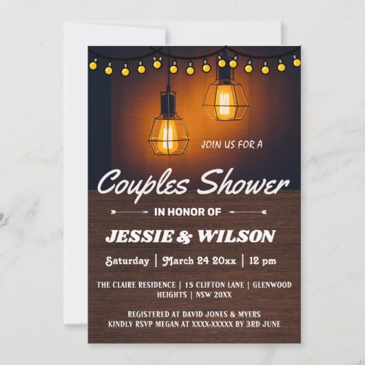RUSTIC WOOD AND LIGHTS COUPLES SHOWER INVITATION KAART (Voorkant)