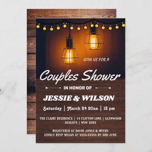 RUSTIC WOOD AND LIGHTS COUPLES SHOWER INVITATION KAART (Voorkant / Achterkant)
