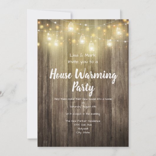 Rustic Wood and Lights House Warming Party Kaart (Achterkant)