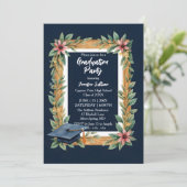 Rustic Wood and Navy Blue Floral Photo Graduation Kaart (Staand voorkant)