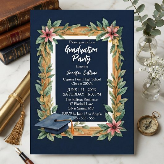 Rustic Wood and Navy Blue Floral Photo Graduation Kaart