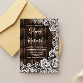 Rustic Wood and White Lace Floral Wedding Kaart