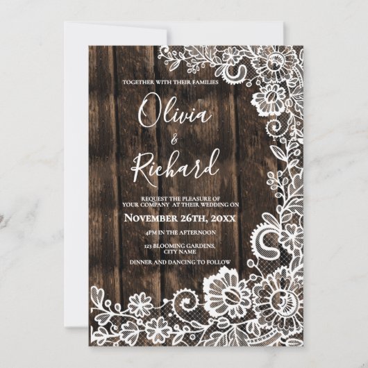Rustic Wood and White Lace Floral Wedding Kaart (Voorkant)