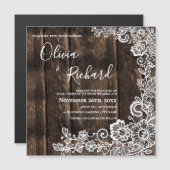 Rustic Wood and White Lace Floral Wedding Magnetische Uitnodiging (Voorkant / Achterkant)