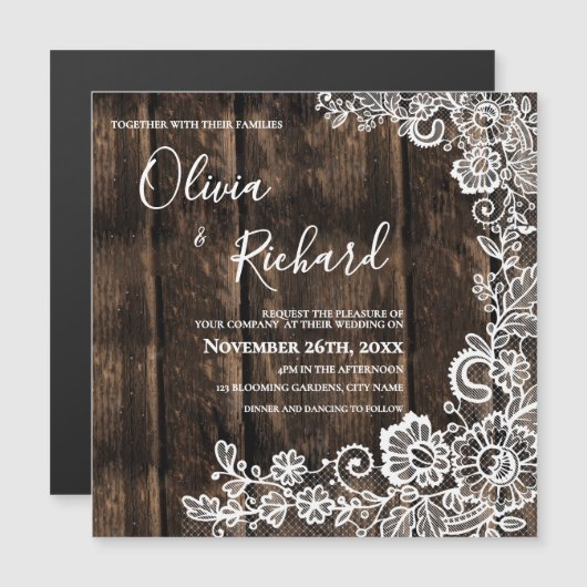 Rustic Wood and White Lace Floral Wedding Magnetische Uitnodiging (Voorkant / Achterkant)