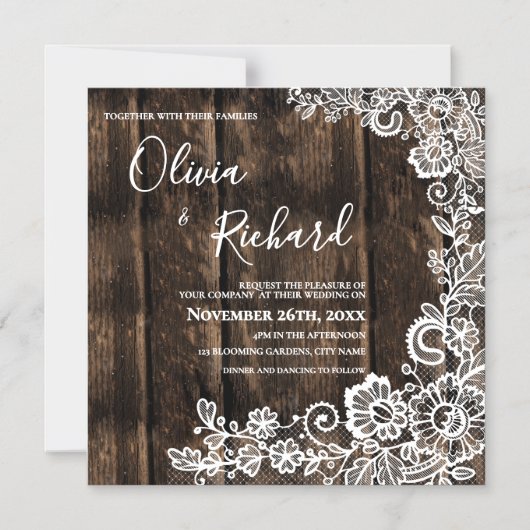 Rustic Wood and White Lace Floral Wedding Magnetische Uitnodiging (Voorkant)