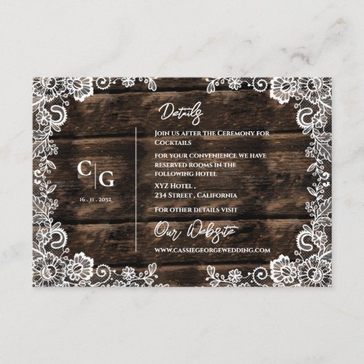 Rustic Wood and White Lace Wedding Details Info Informatiekaartje (Voorkant)