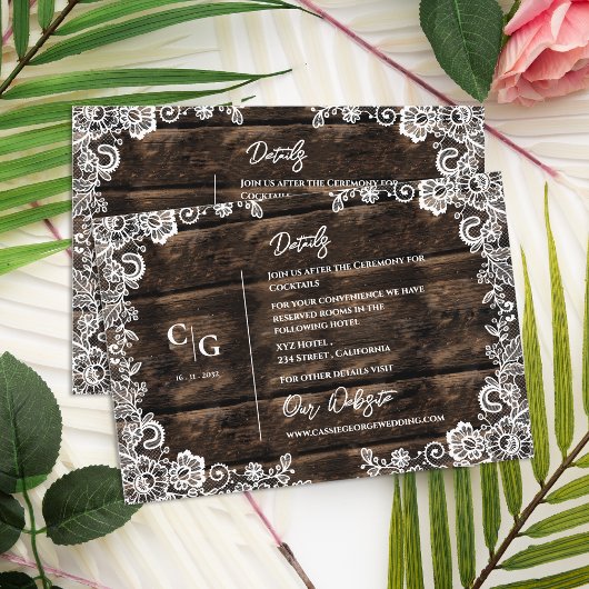 Rustic Wood and White Lace Wedding Details Info Informatiekaartje