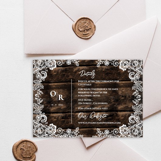 Rustic Wood and White Lace Wedding Details Info Informatiekaartje