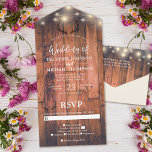 Rustic Wood Antler String Lights Wedding All In One Uitnodiging<br><div class="desc">Deze budgetvriendelijke Rustic Wood String Light Wedding-uitnodigingen zijn ontworpen met een gemakkelijk te verwijderen,  geperforeerd RSVP-briefkaart. Schuif gewoon elke kaart in de aangegeven vorm,  en verzegel en verzend - geen envelop nodig voor de verzending.</div>