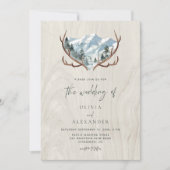 Rustic Wood Antlers Mountain Huwelijksuitnodiging Kaart (Voorkant)