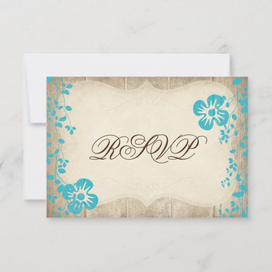 Rustic Wood Aqua Beach Flowers Weddenschap RSVP-ka RSVP Kaartje (Achterkant)